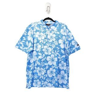 YATTA GOLF Men L Polo Shirt Blue Stretch Grid Plaid Floral Hawaiian Kahakai Polu
